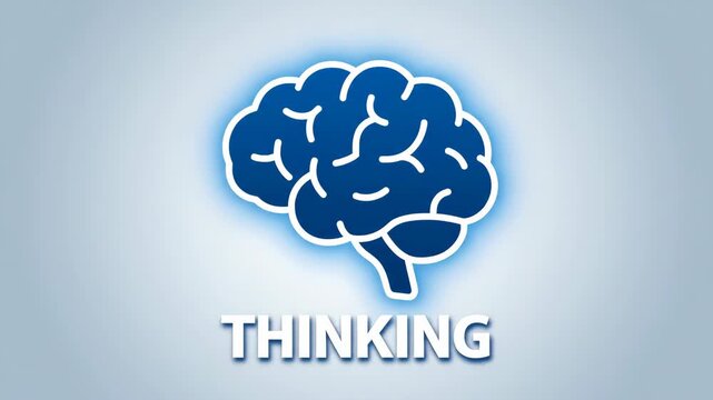 Blue brain icon with the word thinking below on a gradient background representing intellect and cognitive processes