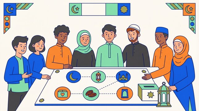 Diverse muslim community gathers around table with ramadan symbols and calendar sharing traditions and breaking fast together