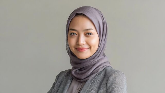 Professional footage of a Beautiful Young Muslim Woman Wearing a Hijab and Blazer on a Neutral Background