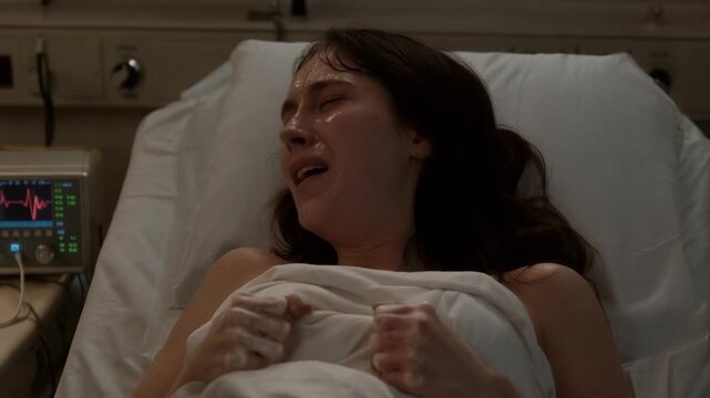 Intense labor pain, woman in hospital bed, childbirth experience, monitor showing heart rate