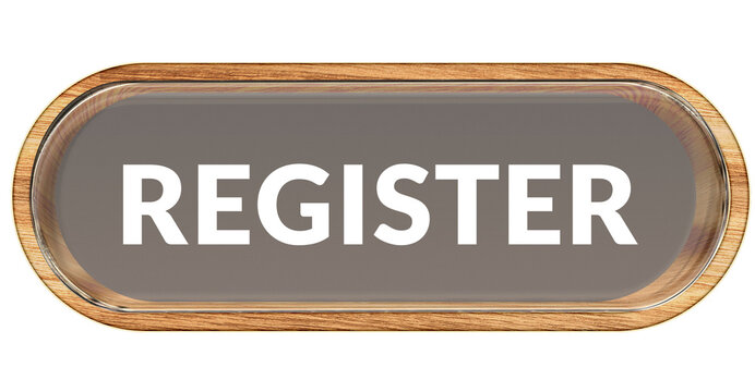 Wooden frame register button with glass effect and warm brown texture. Realistic glossy UI element for account creation, forms, and website registration pages. png transparent background