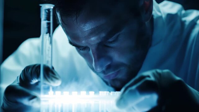 Scientist conducts experiments with test samples in a laboratory with advanced technology, scientist testing samples in a laboratory close-up