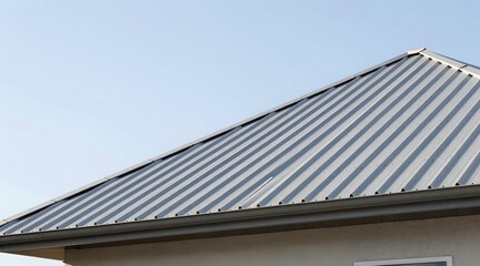 Gray metal roof of a house stands against a light blue sky on a sunny day