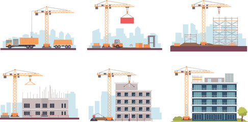 Fototapeta premium Building construction stages, cartoon process illustration, urban development timeline, crane and scaffold graphics, construction site sequence, architectural progress art, educational guide