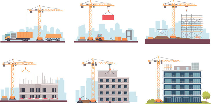 Building construction stages, cartoon process illustration, urban development timeline, crane and scaffold graphics, construction site sequence, architectural progress art, educational guide