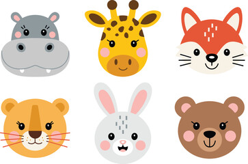 Fototapeta premium Cartoon animal faces, cute wildlife illustration, kids educational design, zoo characters, colorful animal icons, vector animal heads, nursery art