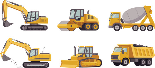 Cartoon construction vehicles, cute machinery icons, kids educational transport, excavator, bulldozer, dump truck, road roller, concrete mixer, vector set © Creative Art