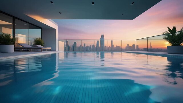 Luxury Penthouse Swimming Pool with City Skyline at Sunset, Calm and Relaxing Ambiance