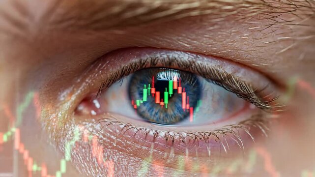 Financial market reflection in eye close up data analysis concept