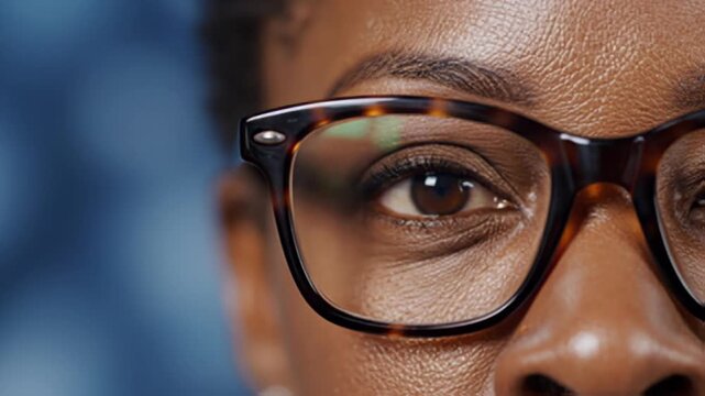 Close up of an eye behind glasses with brown frames and blurred background