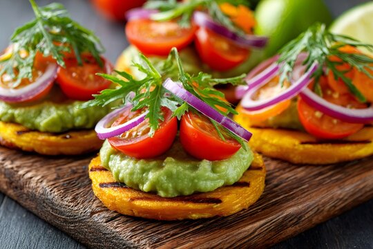 Plantain patacones with guacamole, fresh tomatoes, and red onion