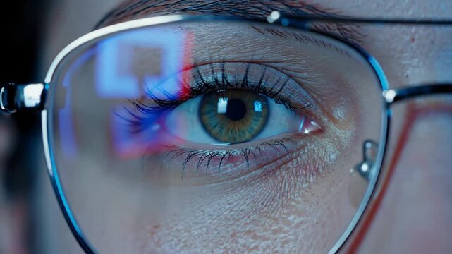 Close up of eye with reflections on eyeglasses and display