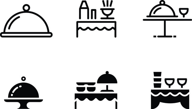 Food service icon set, catering symbols, restaurant graphics, buffet table illustration, cloche and wine glass, black line art, dining elements