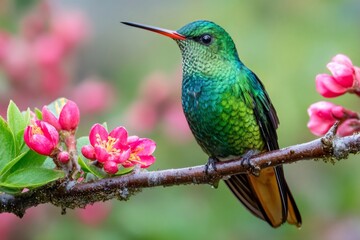 Obraz premium Hummingbird perched on branch with pink flowers