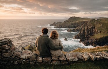 Fototapeta premium Couple overlooking rocky coastline at sunset from stone wall