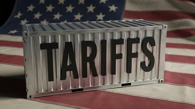 Controversial trade tariffs sign on an American flag background highlighting economic policies and international trade issues