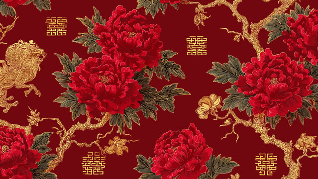 Traditional Chinese Red Peony Flower Pattern Fabric.