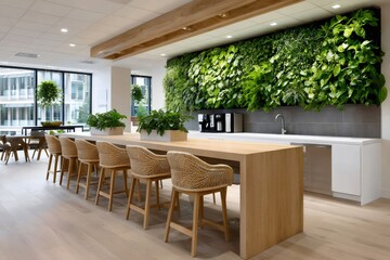 Naklejka premium Modern office breakroom featuring a biophilic living wall design