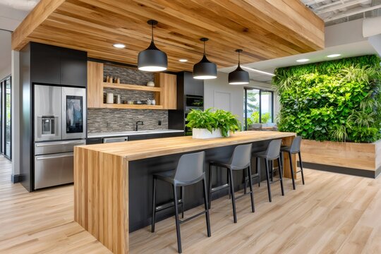 Modern office kitchen featuring biophilic vertical garden design