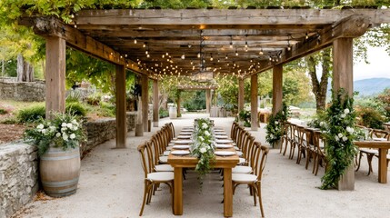 Fototapeta premium Wedding reception dining area with pergola and string lights