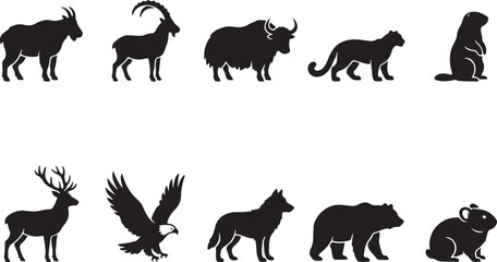 Fototapeta premium Set of 10 wild animals in flat design vector illustration, black silhouettes on white background