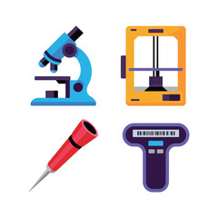 Microscope Printer Syringe Barcode Scanner on White Background
