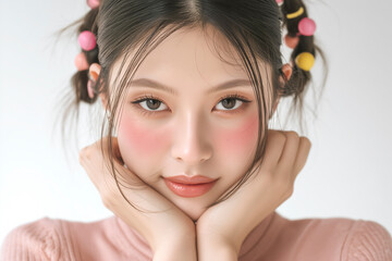 Woman with pink lips and a pink shirt. She is wearing a pink headband. She is smiling