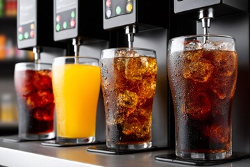 Soda fountain dispensing refreshing beverages into glasses