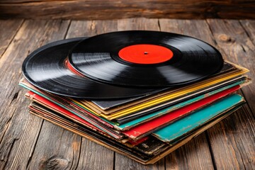 Fototapeta premium Stack of vintage vinyl records on wooden table