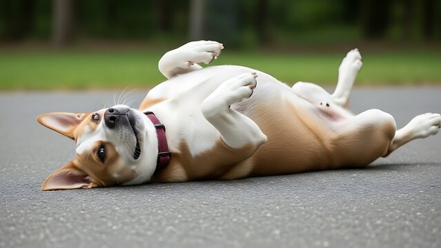 Playful Dog Lying on Road with Paws Up.