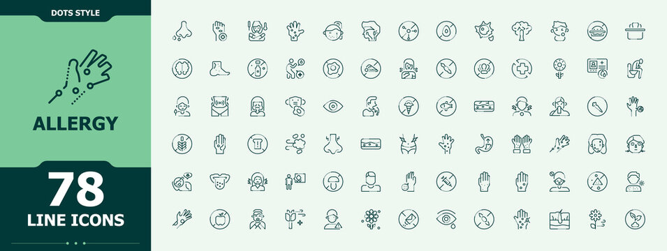 Allergy icon set. Modern linear icons. Editable vector art and illustration. Asthma icon set. Contains such symbols as allergic, pollen, treatment, asthma and more.
