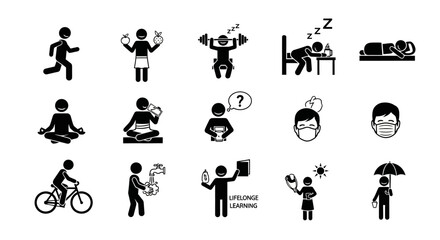 Obraz premium Various human activities and emotions depicted through simple black silhouettes against a plain white background