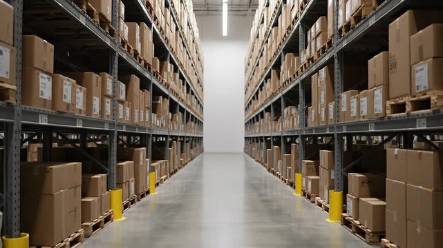 warehouse storage shelves filled with cardboard boxes organized for inventory management efficient logistics system warehouse