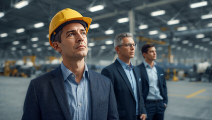 Fototapeta premium serious professional male industrial manager wearing a yellow hard hat and business suit standing confidently in a factory, with two male colleagues in suits behind him inside a large modern manufactu