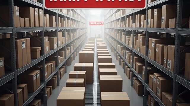 warehouse aisle with rows of boxes and a clear bright exit in a storage facility with warning sign about tariff impact