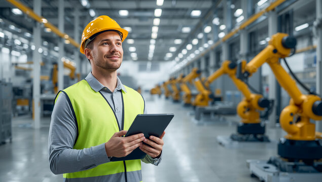 Smiling male engineer wearing a yellow hard hat and safety vest holding a digital tablet in a modern automated factory with robotic arms; professional worker managing industrial production, technology