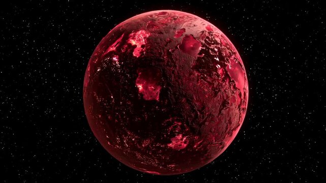 A vibrant, reddish planet, possibly volcanic, glows against a starry, dark expanse