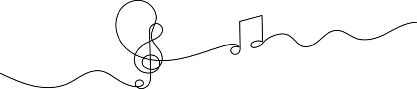 Continuous one line drawing of a treble clef and musical notes on a white background