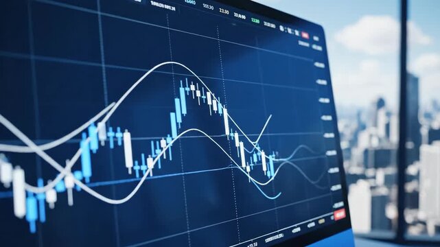 Financial chart displayed on a computer screen with cityscape view