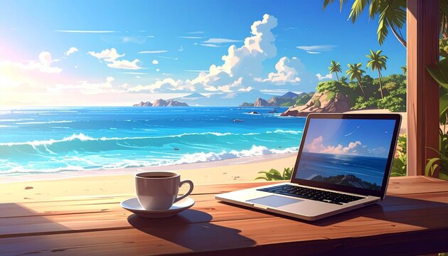 cup of coffee and laptop on table near the beach summer window HD 8K wallpaper Photographic Image