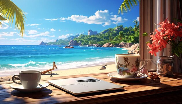cup of coffee and laptop on table near the beach summer window HD 8K wallpaper Photographic Image