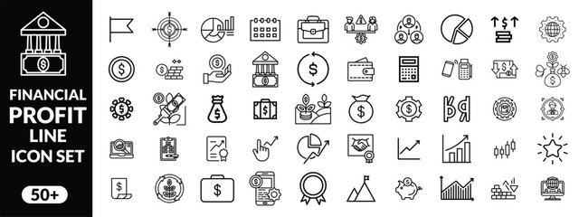 Financial profit line icon set. Containing Money income, money savings, earnings, money, cash, investment, financial growth and more. Editable stroke. Vector illustration