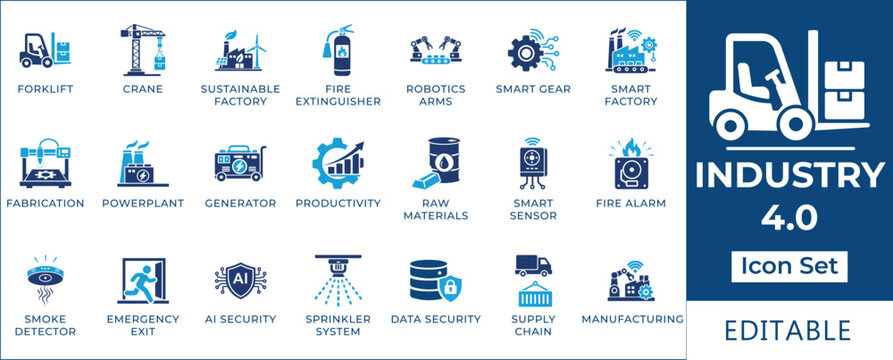 Industry 4.0 icon set featuring smart factory, robotics, automation, industrial manufacturing, supply chain, sustainable production, AI security, and factory sensor symbols.
