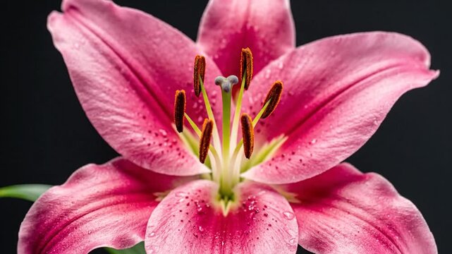 Close up of a pink lily flower blooming against a dark background