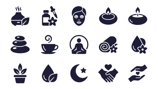 Comprehensive collection of flat vector icons representing spa treatments aromatherapy meditation healthy lifestyle and relaxation techniques for beauty and wellness branding
