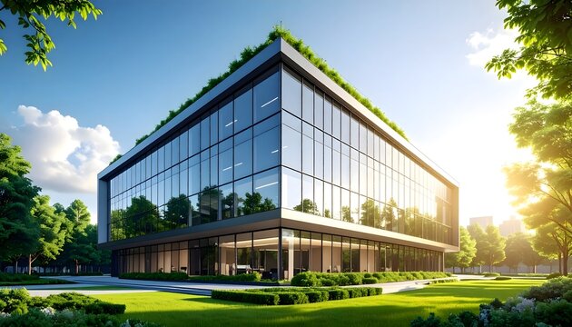 Edificio corporativo moderno con fachada de cristal y dise&ntilde;o sostenible rodeado de naturaleza urbana