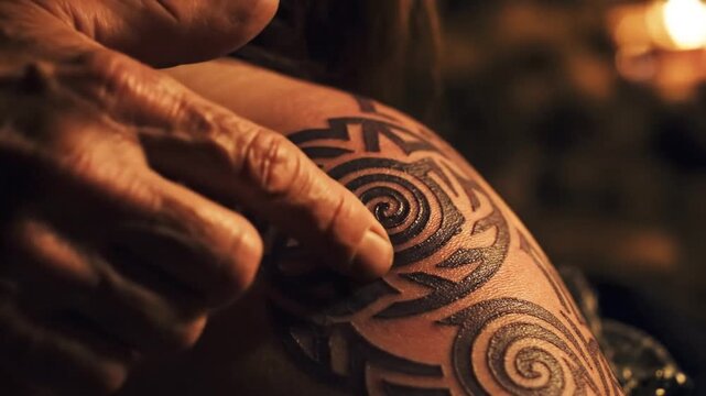 A weathered hand tracing intricate tribal tattoo patterns on forearm with textured skin