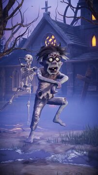 Halloween party: Funny zombies dancing in a scary gothic cemetery. 3D animated background for holiday cards, invitations, posters, events, and parties.
