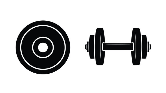 A black dumbbell and weight plate graphic a fitness silhouette