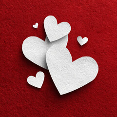 White Paper Hearts on Red Textured Background